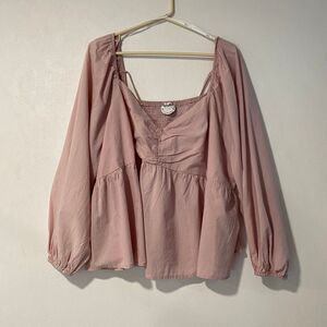 Arula Pink Peasant Babydoll Blouse Ruched Bust Long Sleeve Size C Boho Top